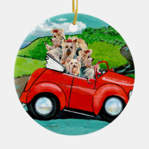 Yorkies in Red Convertible Ceramic Ornament