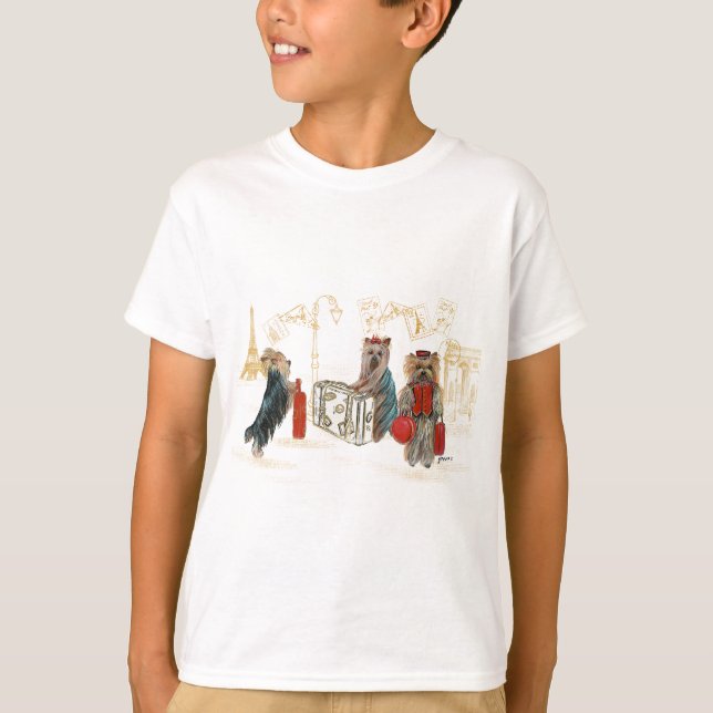 Yorkies Travelling Paris Gifts for the Family T-Shirt (Front)