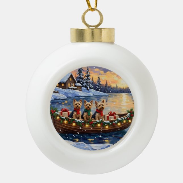 Yorkipoo Christmas Boat Holiday Ceramic Ball Christmas Ornament (Front)
