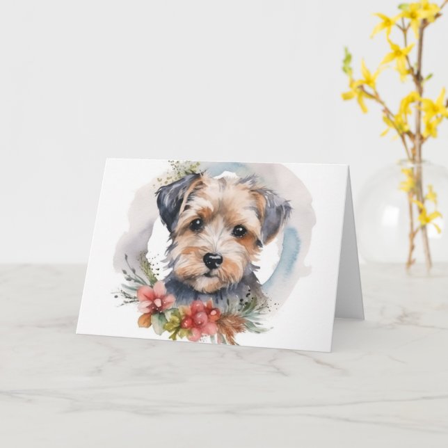 Yorkipoo Christmas Wreath Festive Pup Card (Yellow Flower)