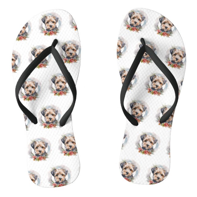 Yorkipoo Christmas Wreath Festive Pup Flip Flops (Footbed)