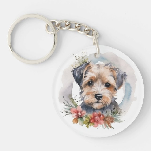 Yorkipoo Christmas Wreath Festive Pup Keychain (Front)