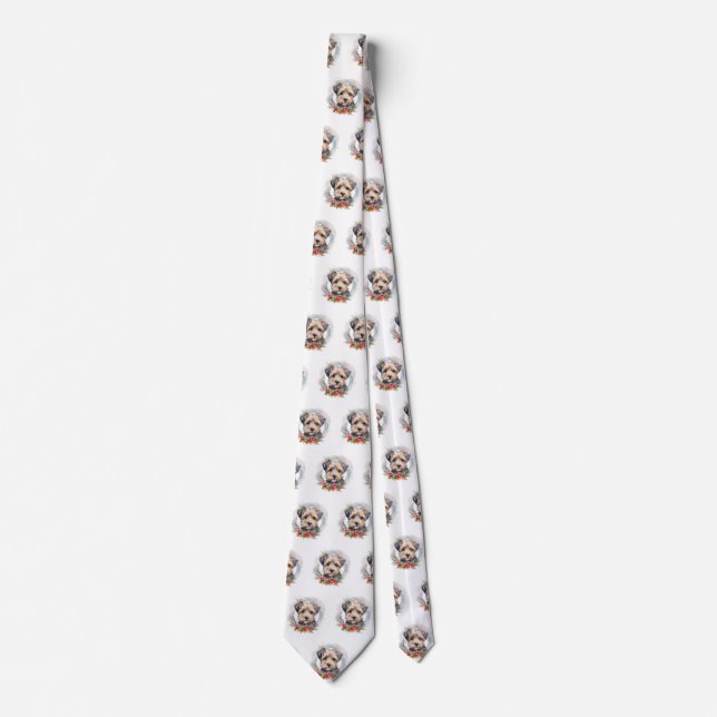Yorkipoo Christmas Wreath Festive Pup Neck Tie (Front)