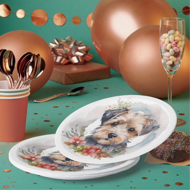 Yorkipoo Christmas Wreath Festive Pup Paper Plates (Multi)