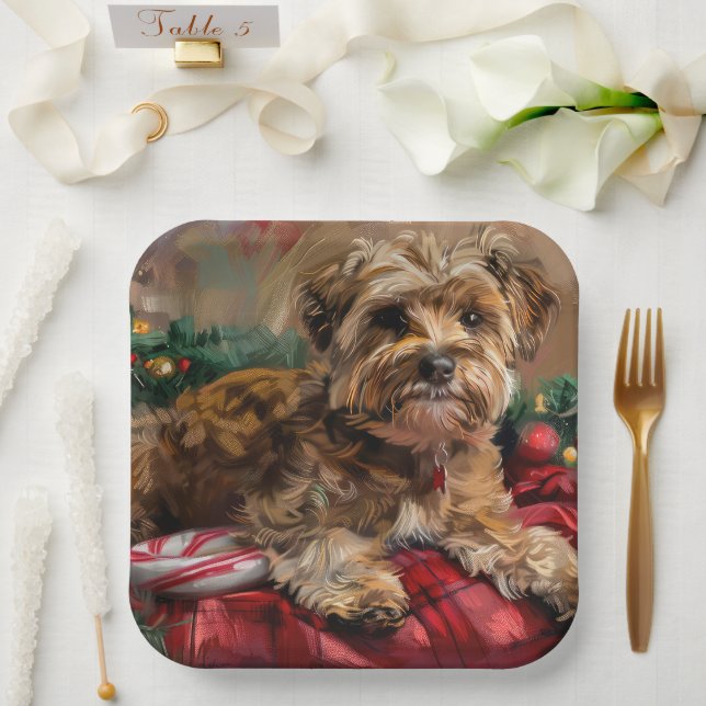 Yorkipoo Dog Christmas Festive Paper Plates (Wedding)