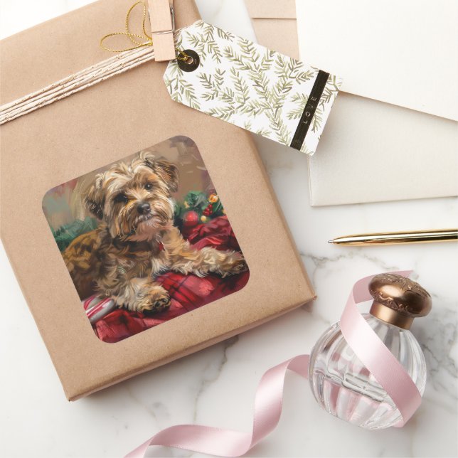 Yorkipoo Dog Christmas Festive Square Sticker (Gifting)