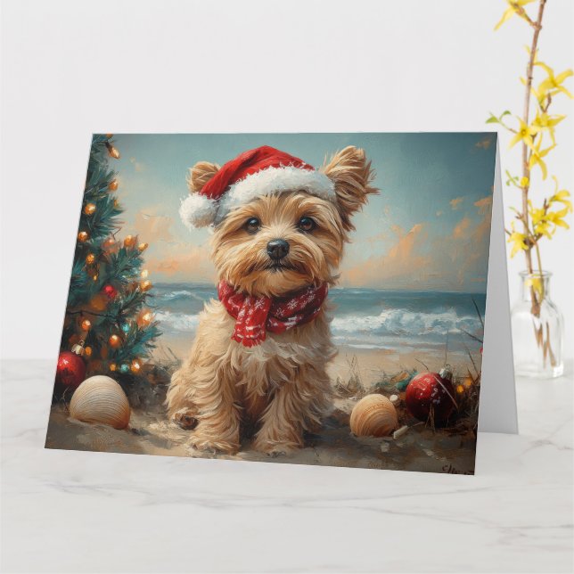 Yorkipoo Dog Christmas Vintage Beach Card (Yellow Flower)