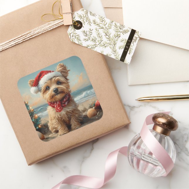 Yorkipoo Dog Christmas Vintage Beach Square Sticker (Gifting)