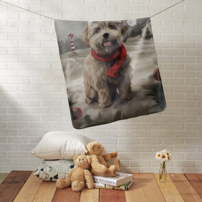 Yorkipoo Dog in Snow Christmas Baby Blanket (In Situ)