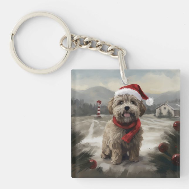Yorkipoo Dog in Snow Christmas Keychain (Front)