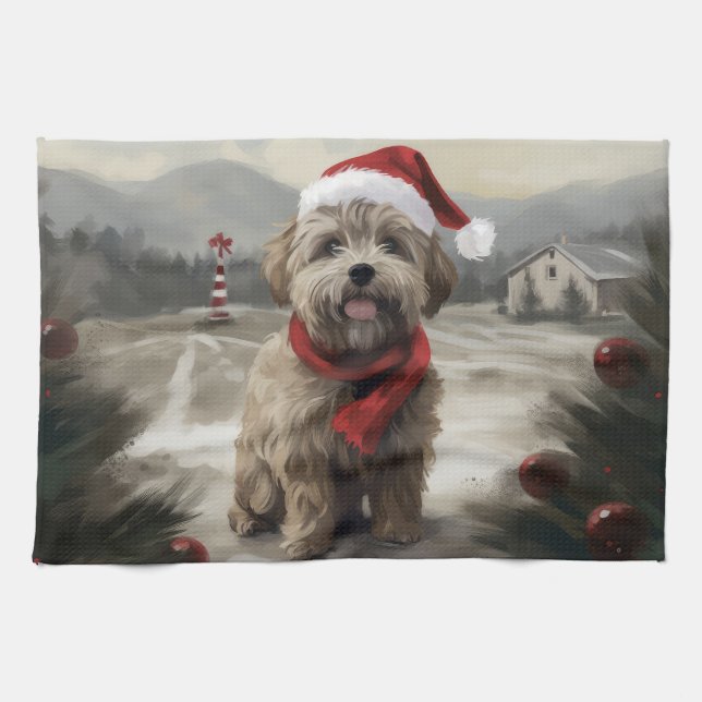 Yorkipoo Dog in Snow Christmas Kitchen Towel (Horizontal)