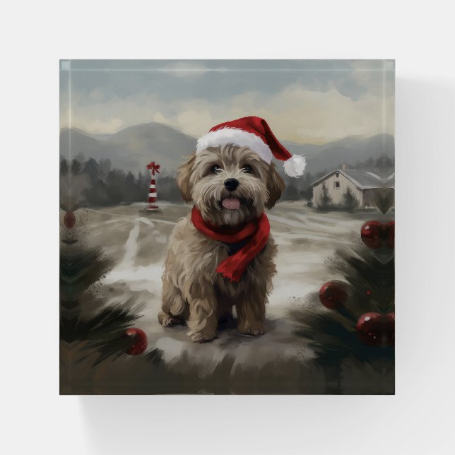 Yorkipoo Dog in Snow Christmas Paperweight (Front)