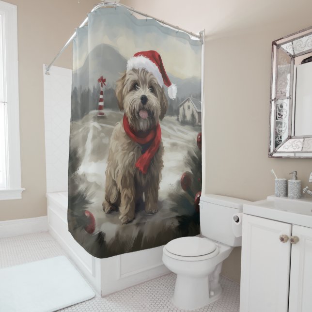 Yorkipoo Dog in Snow Christmas Shower Curtain (In Situ)