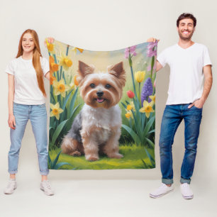 Yorkipoo Dog Spring Flowers Painting Fleece Blanket