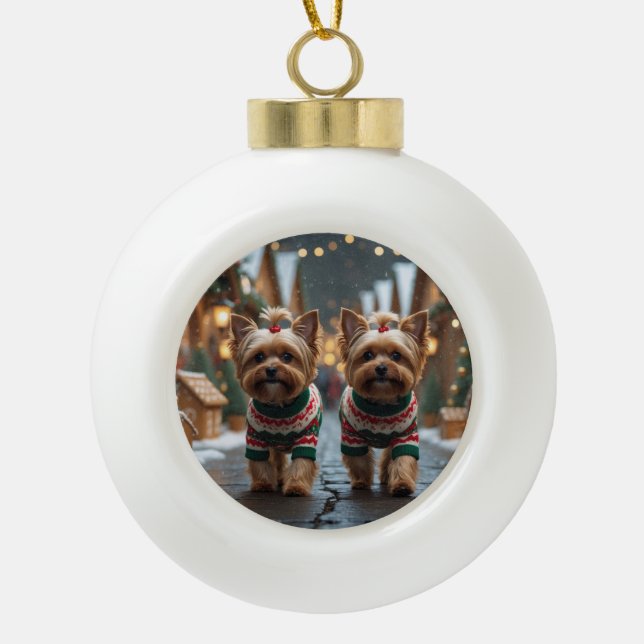 Yorkipoo Dogs Christmas Snow Holiday Ceramic Ball Christmas Ornament (Front)