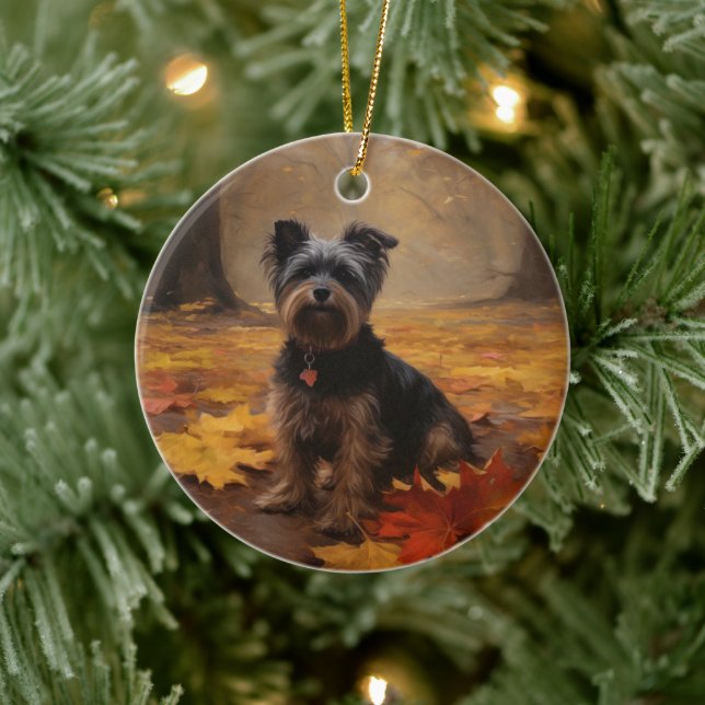 Yorkipoo in Autumn Leaves Fall Inspire Ceramic Ornament (Tree)