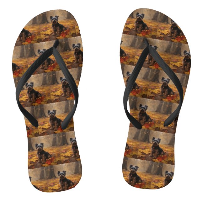 Yorkipoo in Autumn Leaves Fall Inspire Flip Flops (Footbed)