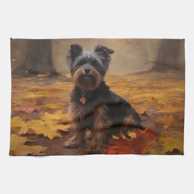 Yorkipoo in Autumn Leaves Fall Inspire Kitchen Towel (Horizontal)