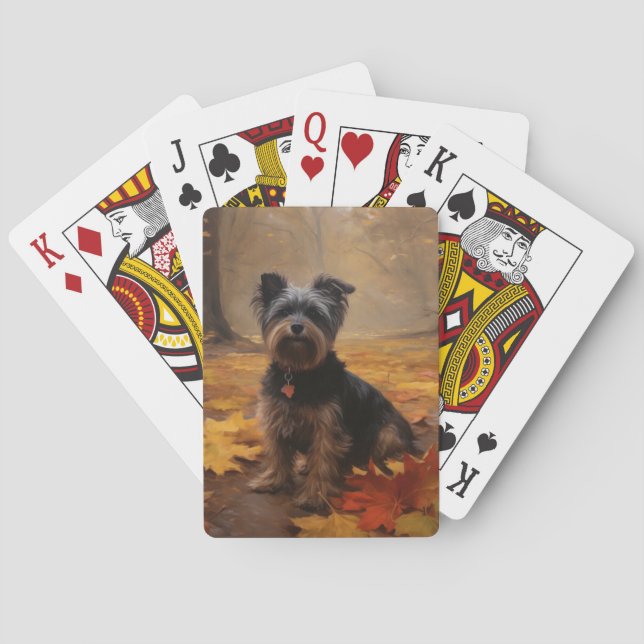Yorkipoo in Autumn Leaves Fall Inspire Poker Cards (Back)