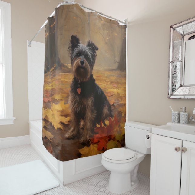 Yorkipoo in Autumn Leaves Fall Inspire Shower Curtain (In Situ)