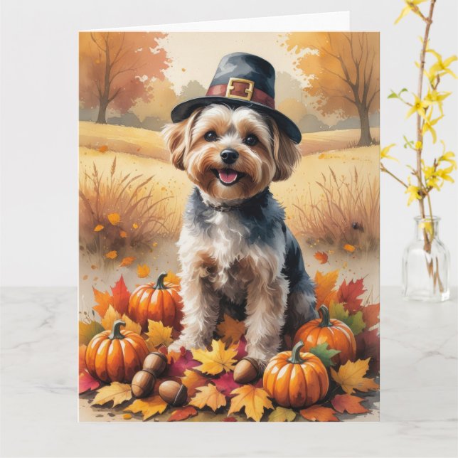 Yorkipoo In Autumn Leaves Thanksgiving Art Card (Yellow Flower)