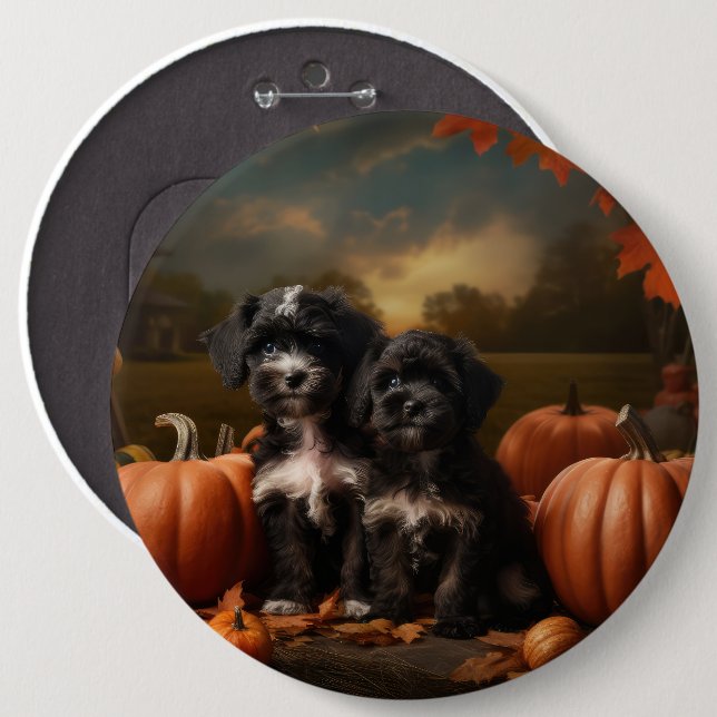 Yorkipoo Puppy Autumn Delight Pumpkin Button (Front & Back)