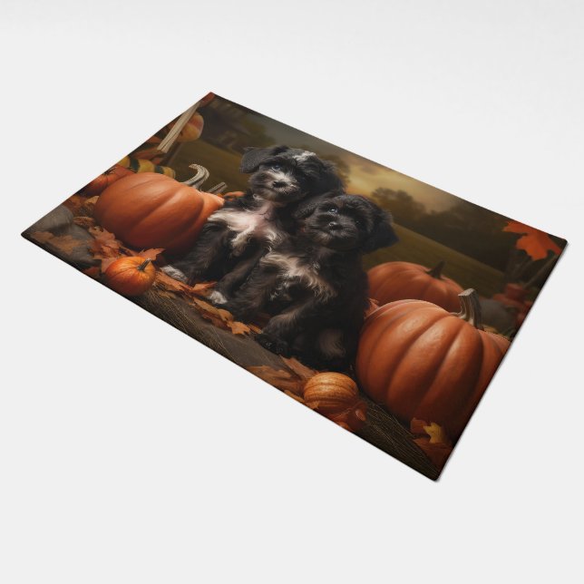Yorkipoo Puppy Autumn Delight Pumpkin Doormat (Angled)