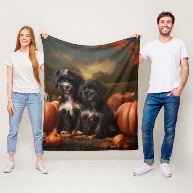 Yorkipoo Puppy Autumn Delight Pumpkin Fleece Blanket (In Situ)