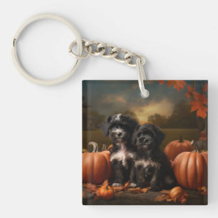 Yorkipoo Puppy Autumn Delight Pumpkin Keychain