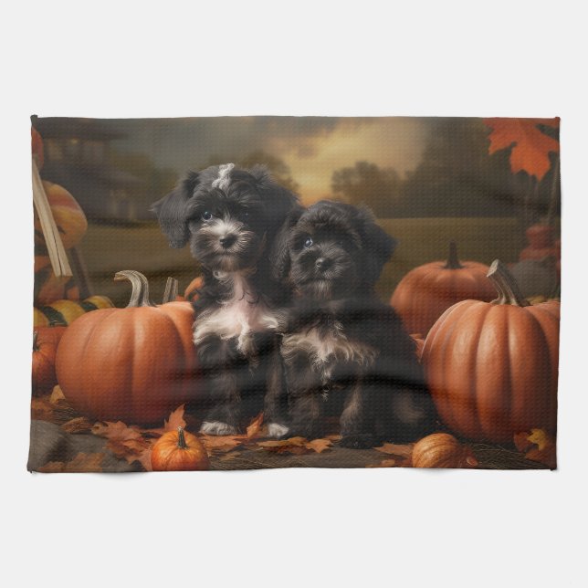 Yorkipoo Puppy Autumn Delight Pumpkin Kitchen Towel (Horizontal)