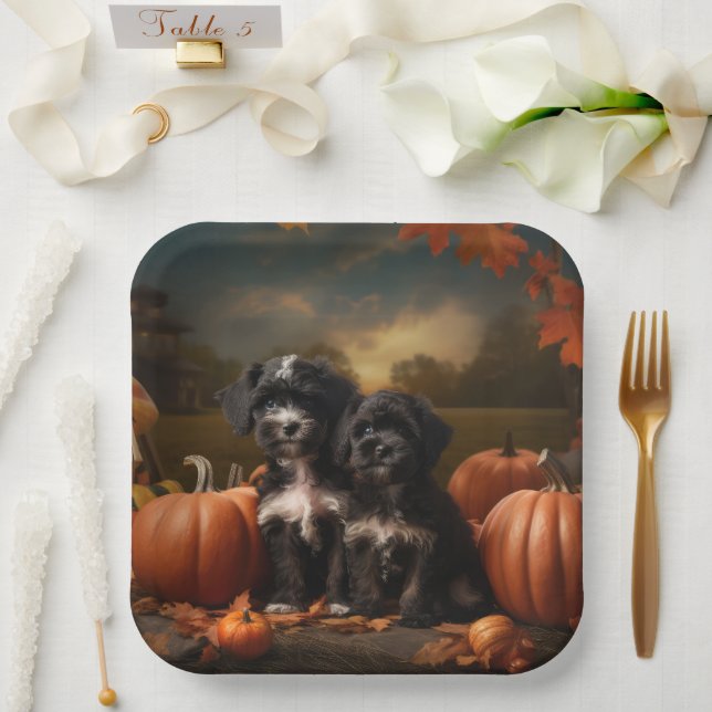 Yorkipoo Puppy Autumn Delight Pumpkin Paper Plates (Wedding)