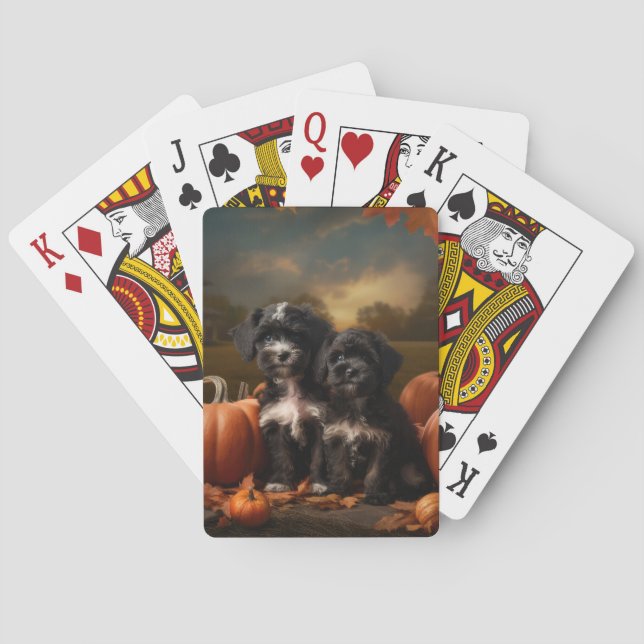 Yorkipoo Puppy Autumn Delight Pumpkin Poker Cards (Back)