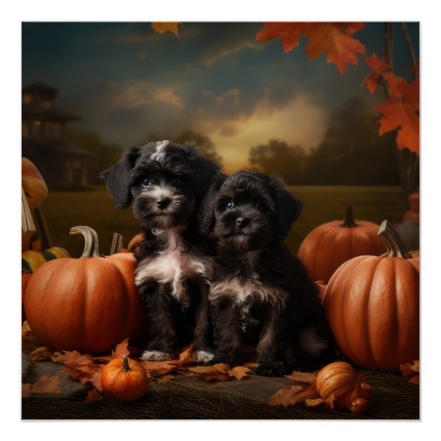 Yorkipoo Puppy Autumn Delight Pumpkin Poster (Front)