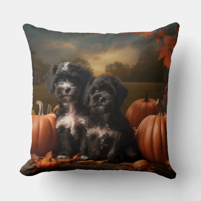 Yorkipoo Puppy Autumn Delight Pumpkin Throw Pillow (Front)