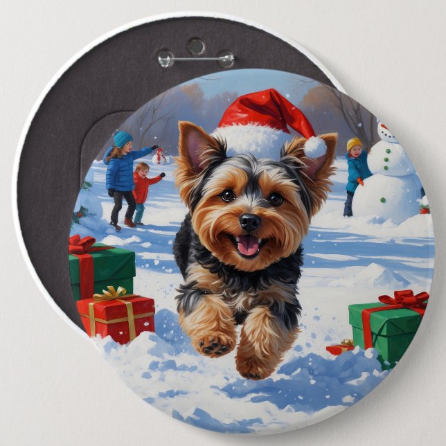Yorkipoo Running in Snow with Christmas Hat Button (Front & Back)