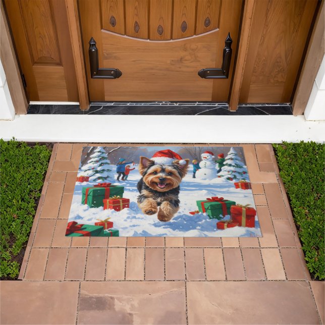 Yorkipoo Running in Snow with Christmas Hat Doormat (Outdoor)