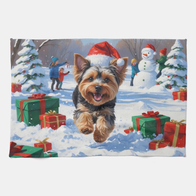 Yorkipoo Running in Snow with Christmas Hat Kitchen Towel (Horizontal)