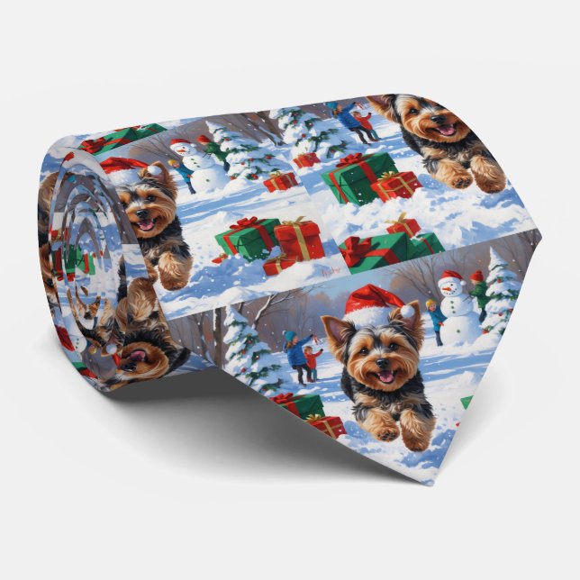 Yorkipoo Running in Snow with Christmas Hat Neck Tie (Rolled)