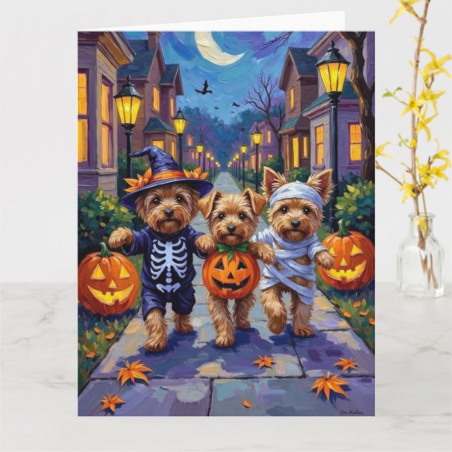 Yorkipoo Trick-or-Treating in Halloween Costumes Card (Yellow Flower)