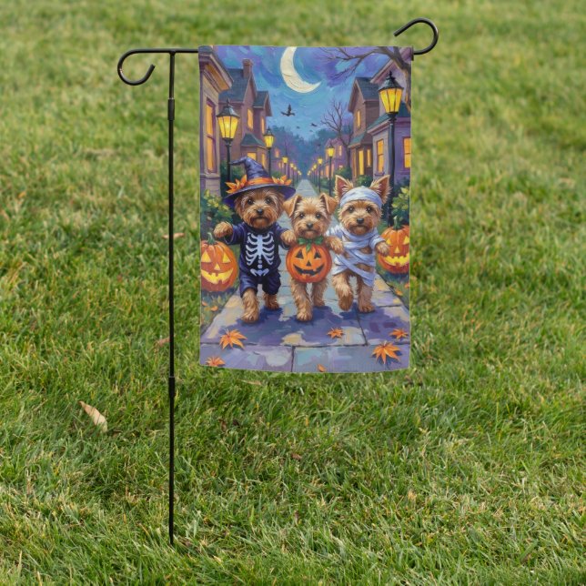Yorkipoo Trick-or-Treating in Halloween Costumes Garden Flag (In SItu)