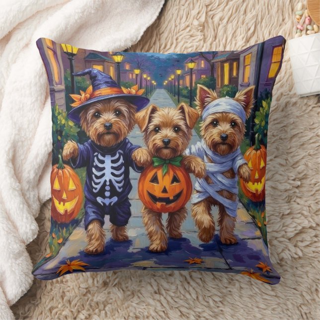 Yorkipoo Trick-or-Treating in Halloween Costumes Throw Pillow (Blanket)
