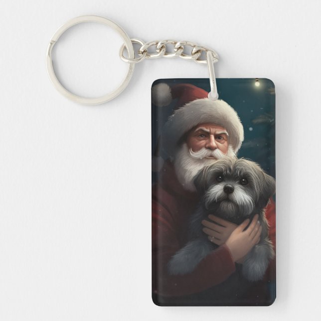 Yorkipoo With Santa Claus Festive Christmas Keychain (Front)