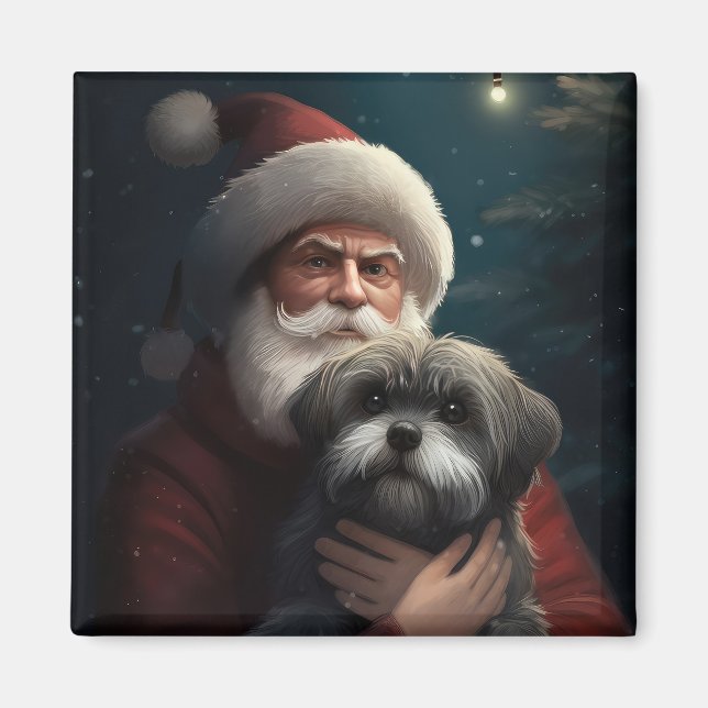 Yorkipoo With Santa Claus Festive Christmas Magnet (Front)