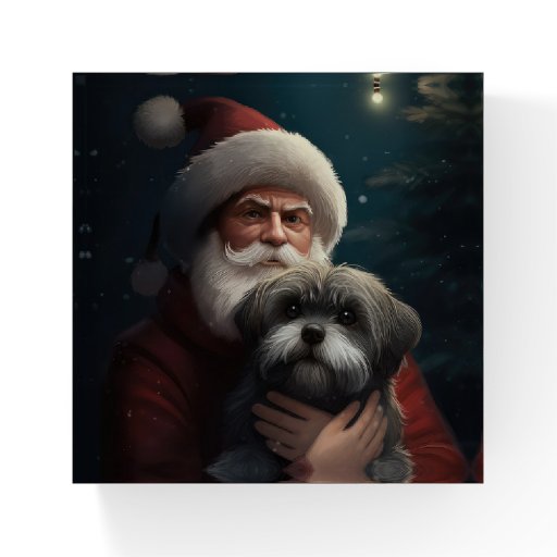 Yorkipoo With Santa Claus Festive Christmas Paperweight