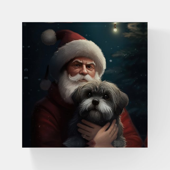 Yorkipoo With Santa Claus Festive Christmas Paperweight (Front)
