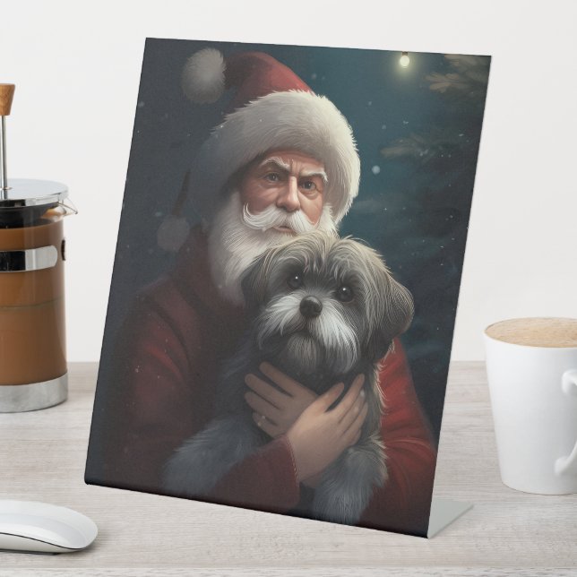 Yorkipoo With Santa Claus Festive Christmas Pedestal Sign (In SItu)