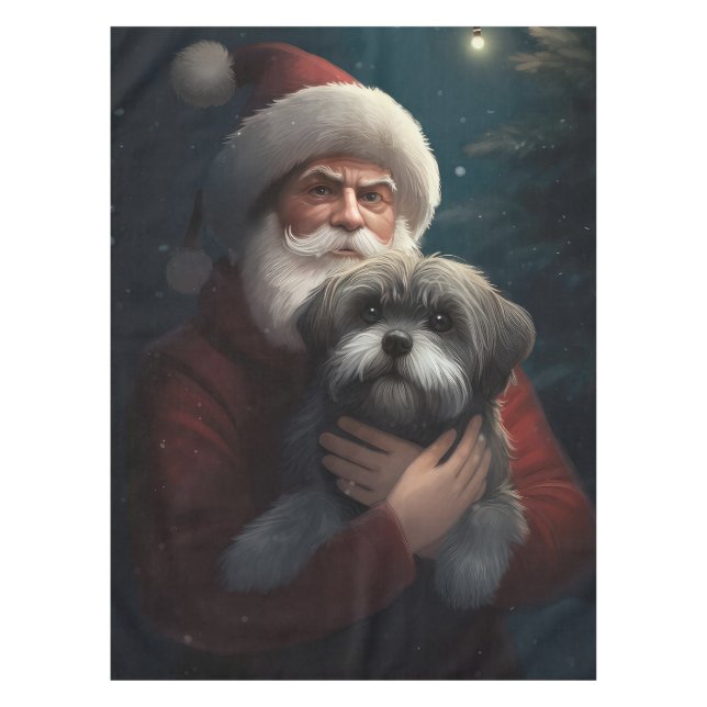 Yorkipoo With Santa Claus Festive Christmas Tablecloth (Front)