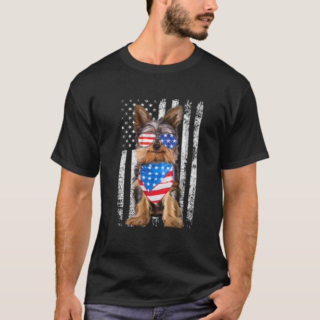 Yorkshire American Flag Patriotic Yorkie Dog 4Th T-Shirt (Front)