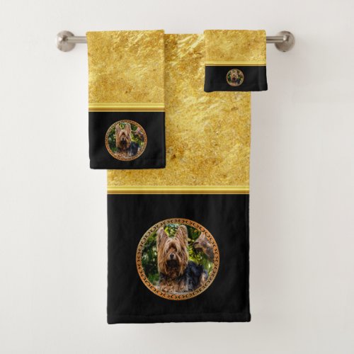 Yorkshire brown and black terrier gold foil design bath towel set