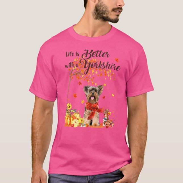 Yorkshire Maple Tree Thanksgiving Day Cute Dog Fal T-Shirt (Front)